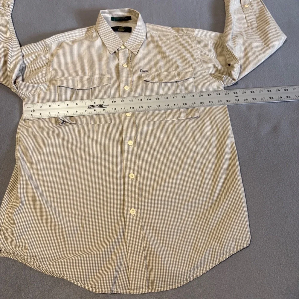 Vintage Orvis Fishing‎ Shirt Mens M Tan Gingham Cotton Utility Made in Hong Kong